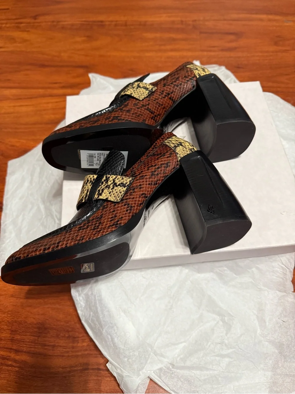 Jimmy Choo Black, Brown & Yellow Snake-Print Block Heel Loafers